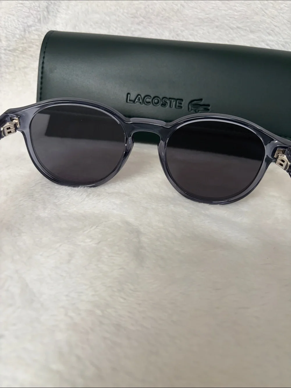 Lacoste Gray Round Sunglasses with Dark Smoke Lenses and Green Case